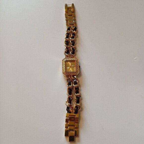 Kim Rogers Women Brown Gold Tone Square Dial Rhinestone Bezel Quartz Chain Watch - Picture 1 of 14